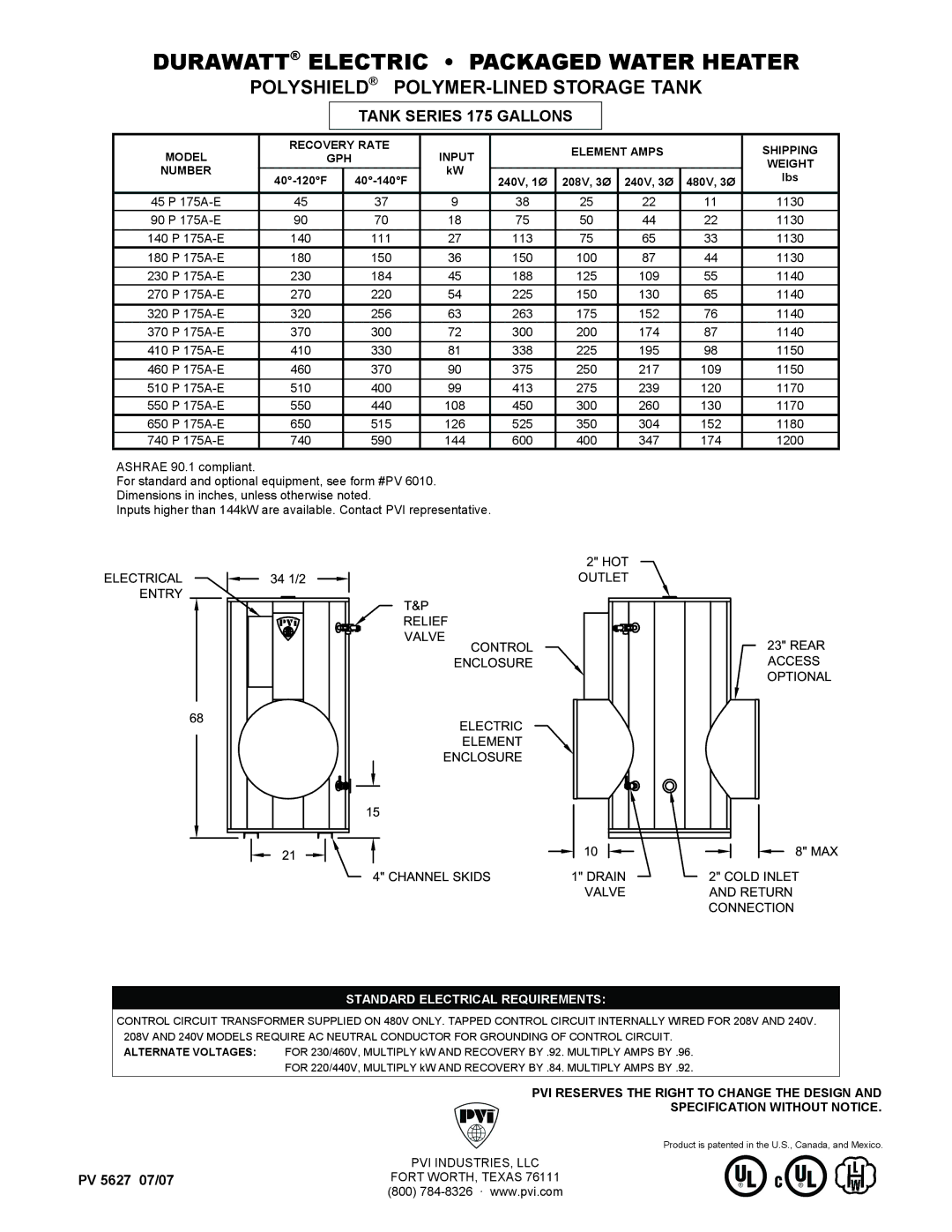 PVI Industries 550P175A-E dimensions Durawatt Electric Packaged Water Heater, Polyshield POLYMER-LINED Storage Tank 