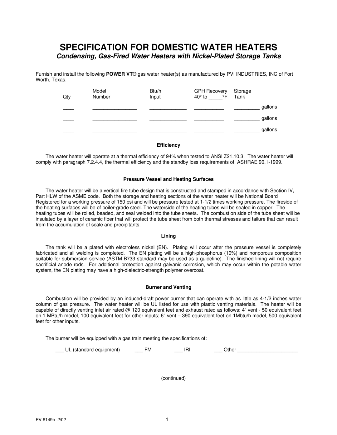 PVI Industries Btu/h GPH specifications Efficiency, Pressure Vessel and Heating Surfaces, Lining, Burner and Venting 
