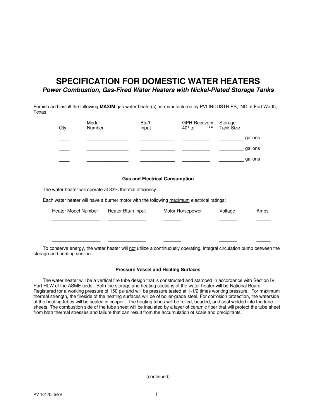 PVI Industries Domestic Water Heater manual Gas and Electrical Consumption, Pressure Vessel and Heating Surfaces 