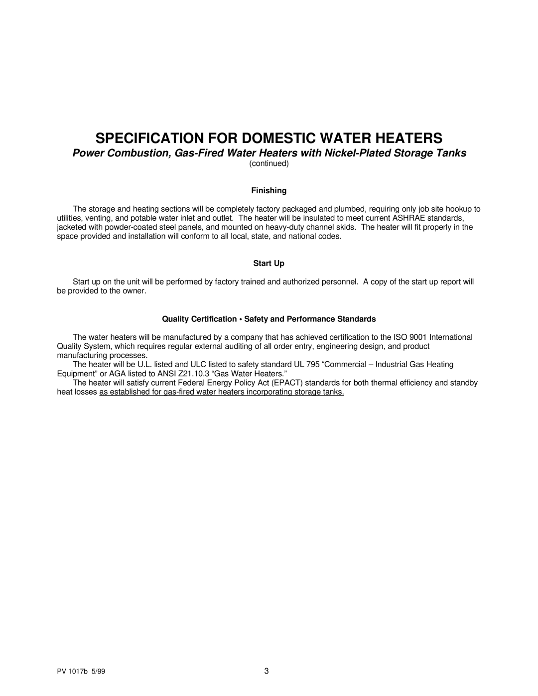 PVI Industries Domestic Water Heater manual Finishing, Start Up, Quality Certification Safety and Performance Standards 