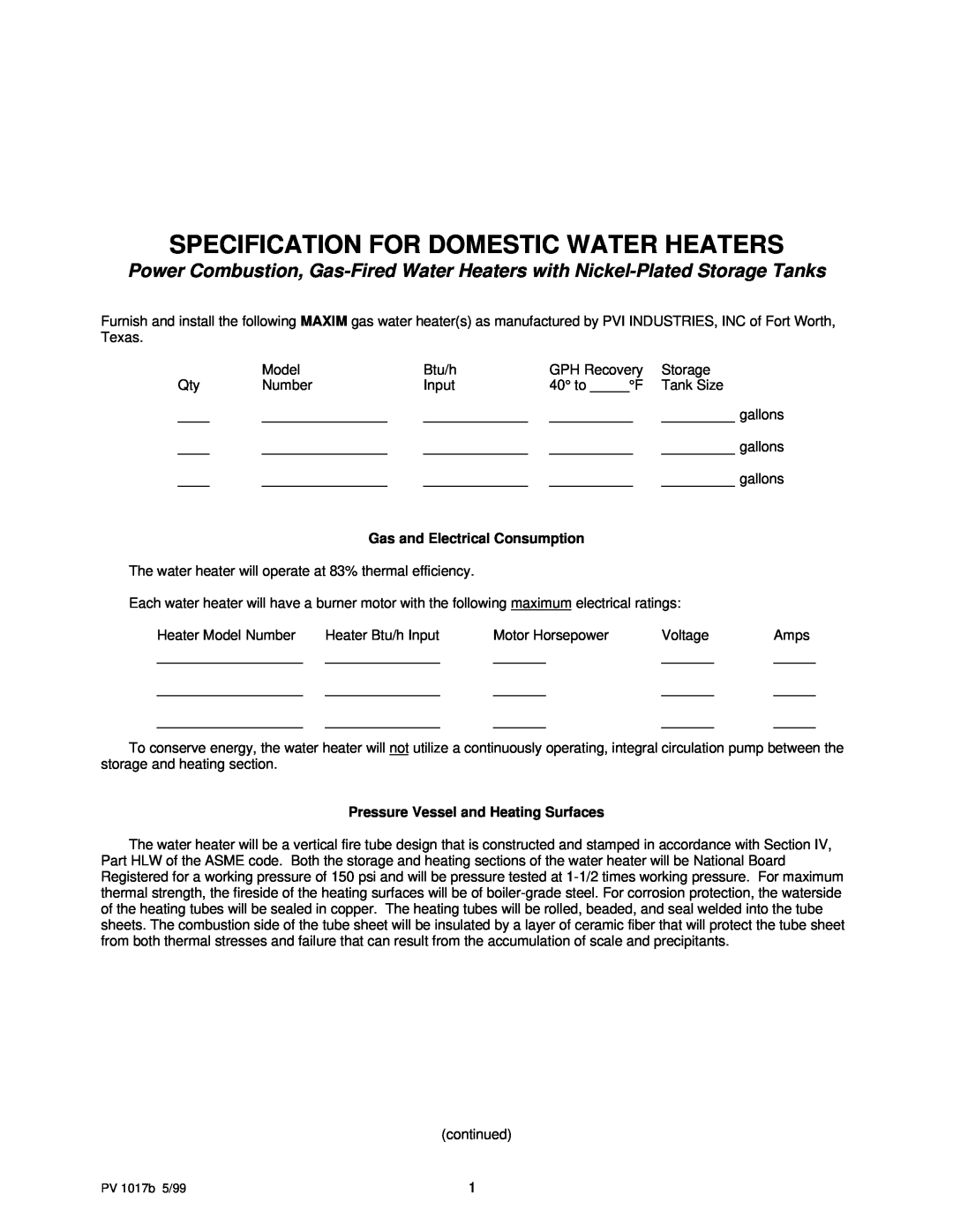 PVI Industries manual Specification For Domestic Water Heaters 