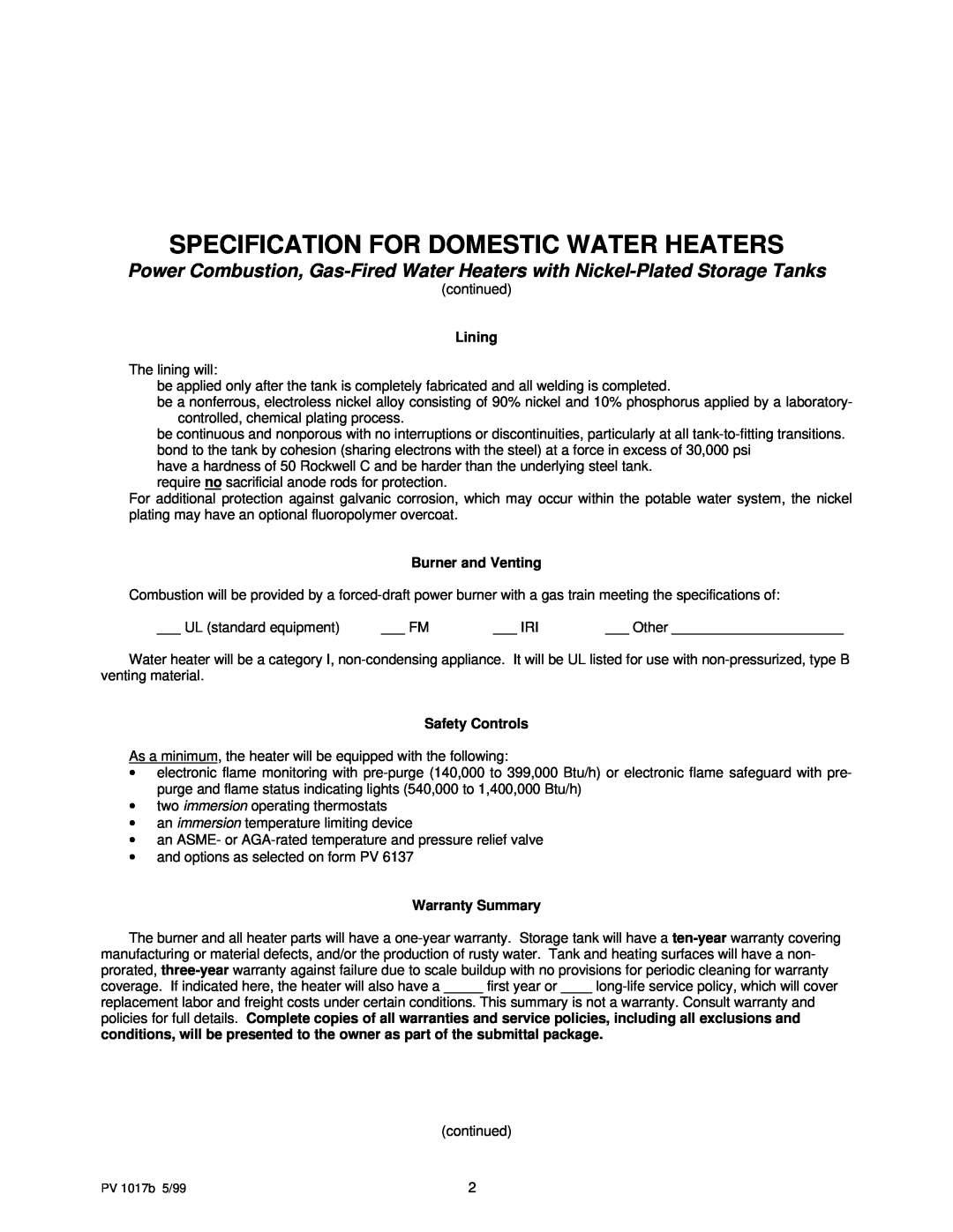 PVI Industries Specification For Domestic Water Heaters, Lining, Burner and Venting, Safety Controls, Warranty Summary 