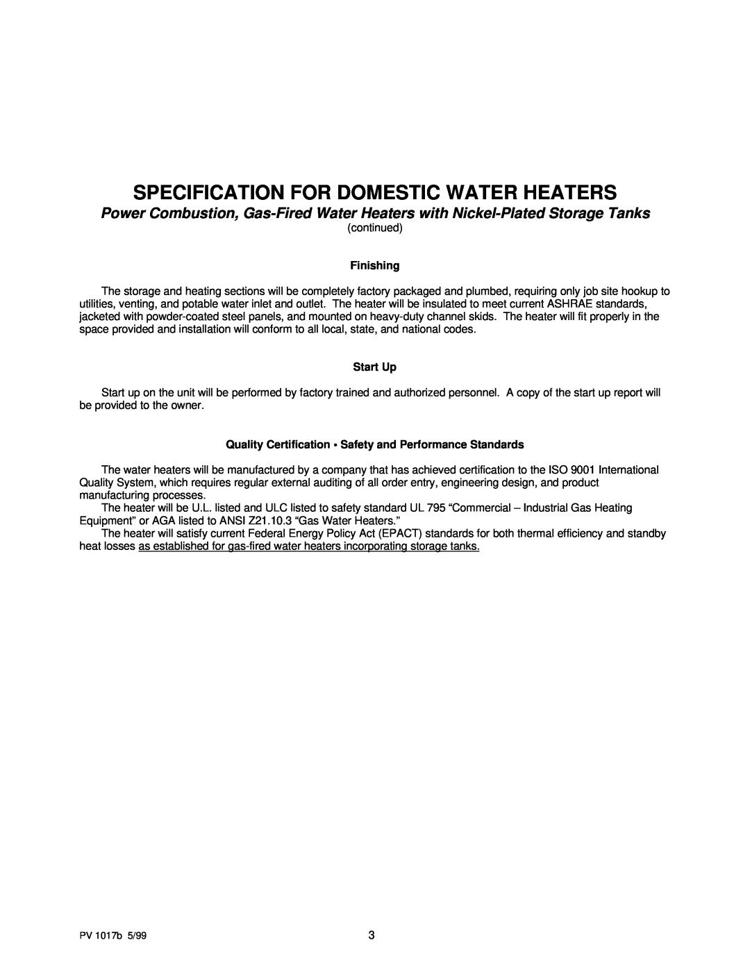 PVI Industries manual Specification For Domestic Water Heaters, Finishing, Start Up 