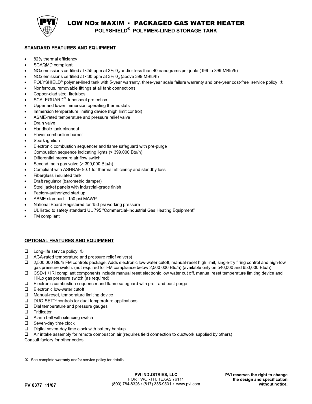 PVI Industries Polymer-Lined Storage Tank warranty LOW NOx Maxim Packaged GAS Water Heater 
