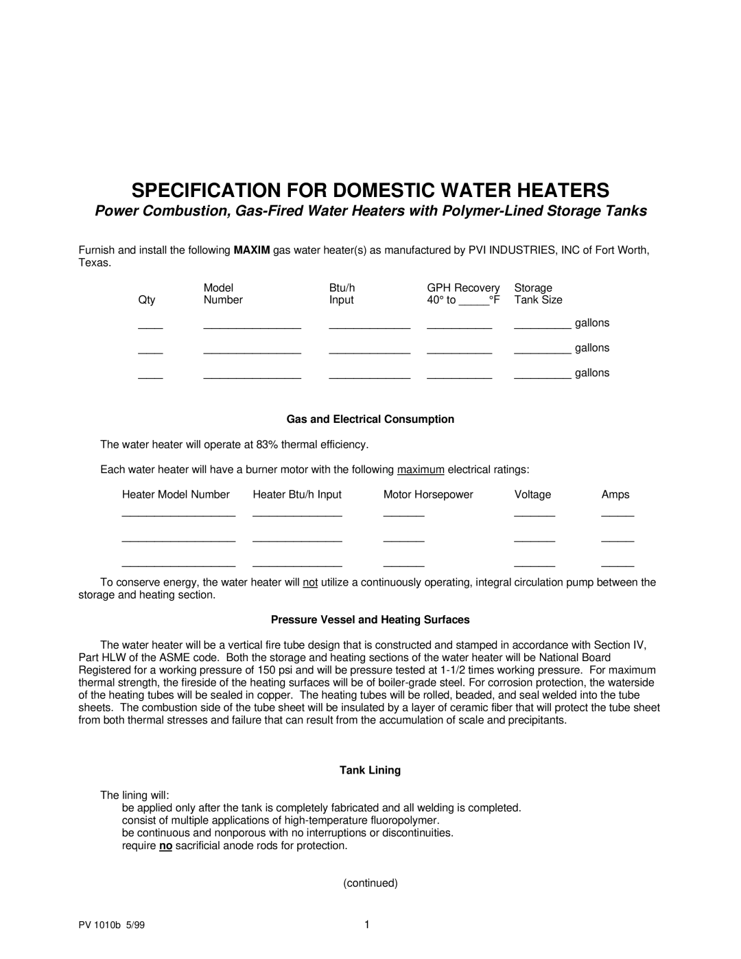 PVI Industries PV 1010b manual Gas and Electrical Consumption, Pressure Vessel and Heating Surfaces, Tank Lining 