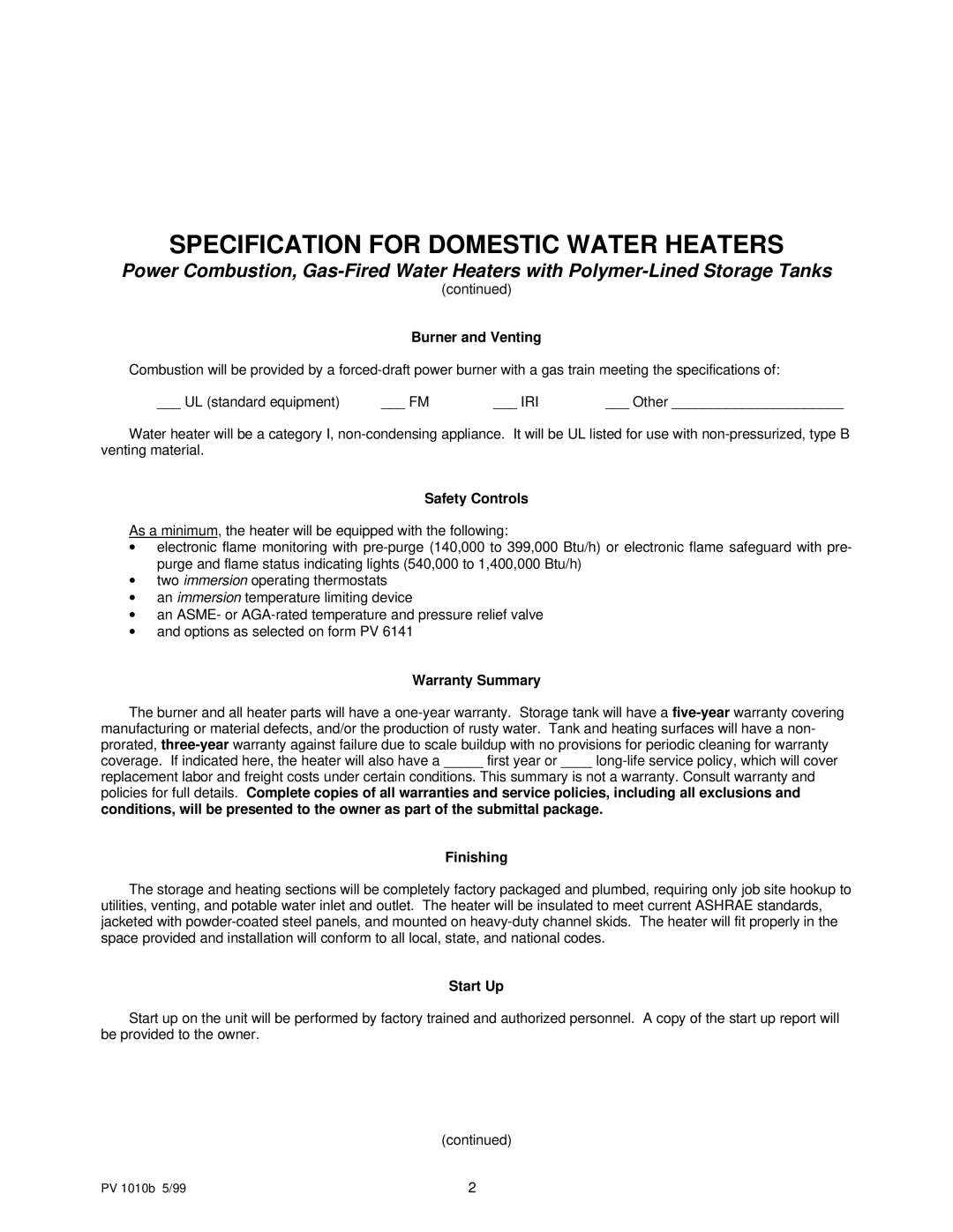 PVI Industries PV 1010b manual Burner and Venting, Safety Controls, Warranty Summary, Finishing, Start Up 