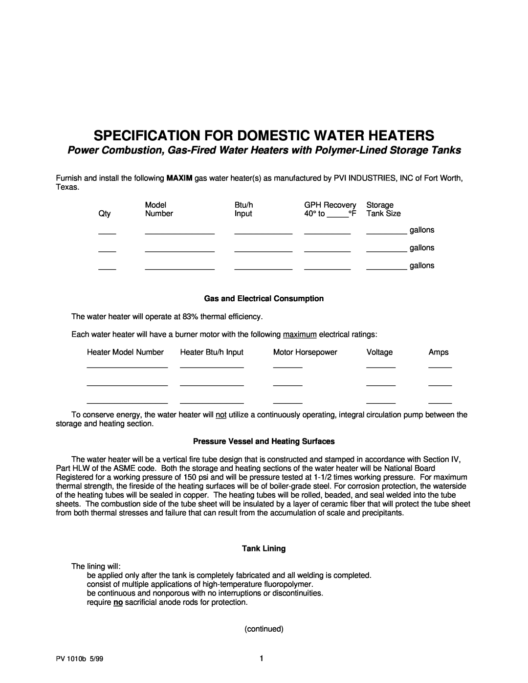 PVI Industries PV 1010b manual Specification For Domestic Water Heaters 
