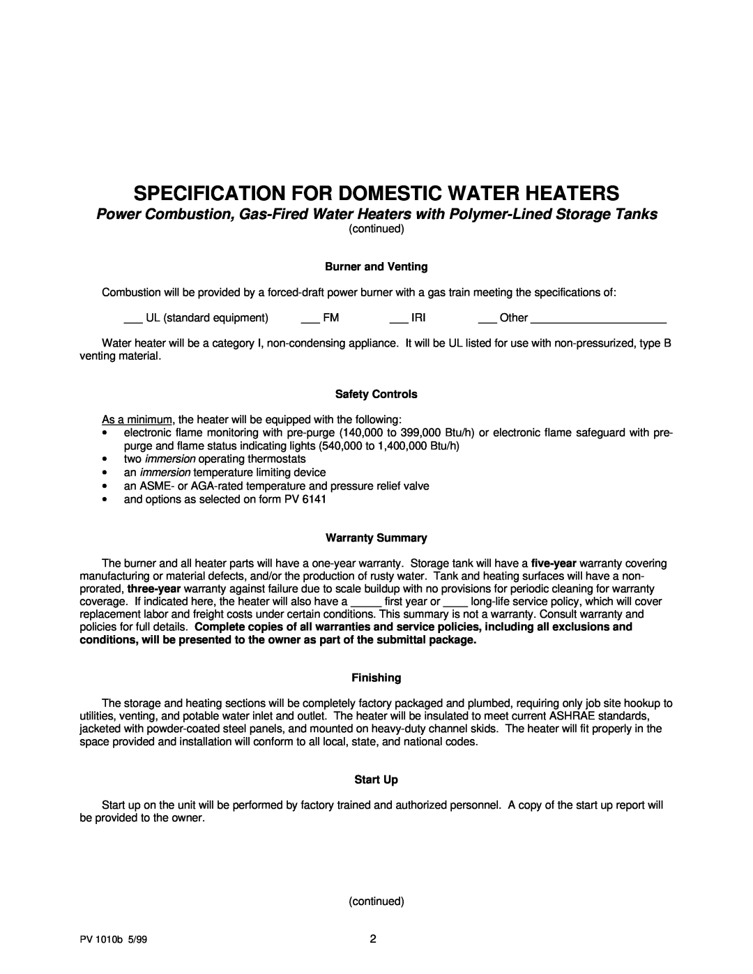 PVI Industries PV 1010b Specification For Domestic Water Heaters, Burner and Venting, Safety Controls, Warranty Summary 