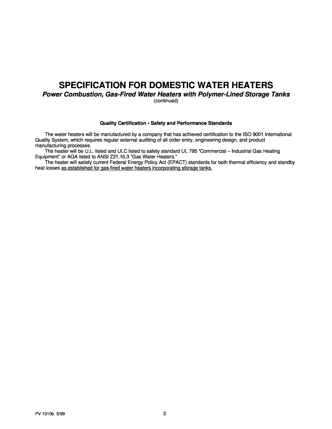 PVI Industries PV 1010b manual Specification For Domestic Water Heaters, continued 