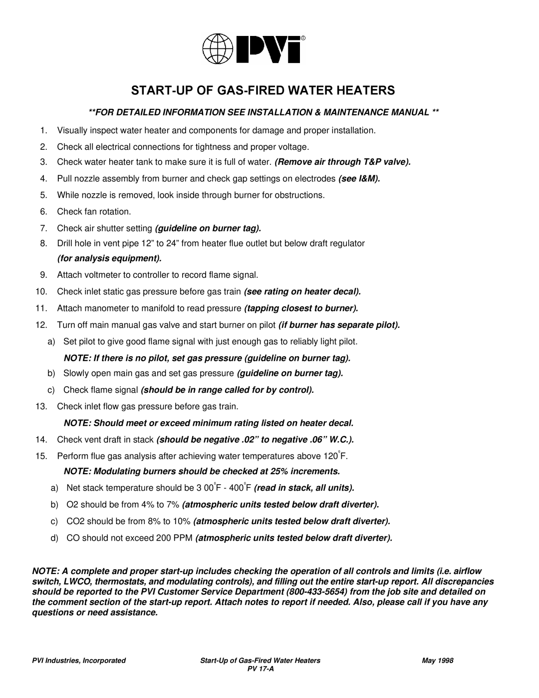 PVI Industries PV 17-A manual START-UP of GAS-FIRED Water Heaters, For analysis equipment 
