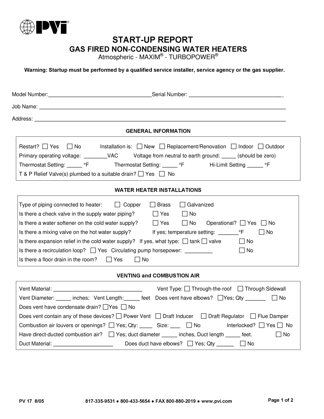 PVI Industries PV 17-A manual GAS Fired NON-CONDENSING Water Heaters, General Information, Water Heater Installations 