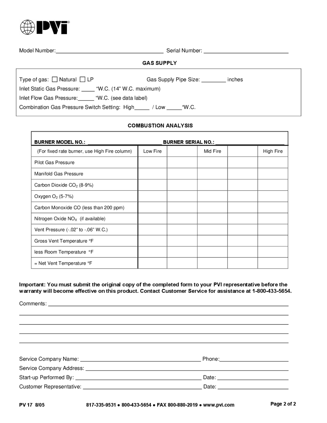 PVI Industries PV 17-A manual GAS Supply, Combustion Analysis 