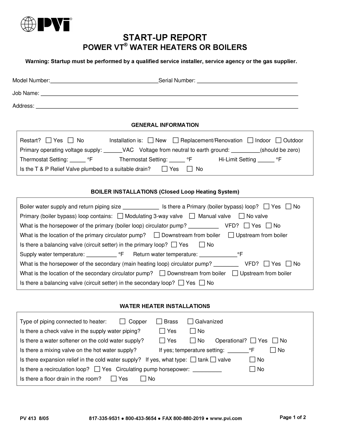 PVI Industries PV 413A manual Power VT Water Heaters or Boilers, General Information, Water Heater Installations 