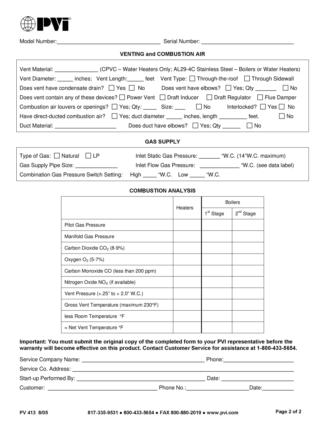 PVI Industries PV 413A manual Venting and Combustion AIR, GAS Supply, Combustion Analysis 