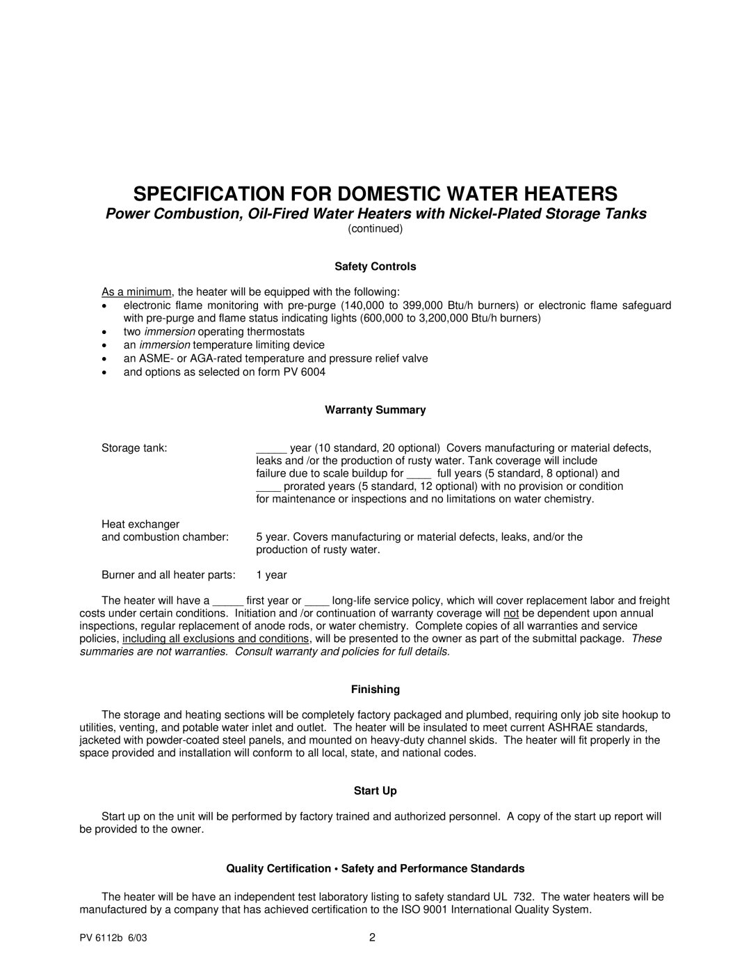 PVI Industries PV 6112b manual Safety Controls, Warranty Summary, Finishing, Start Up 