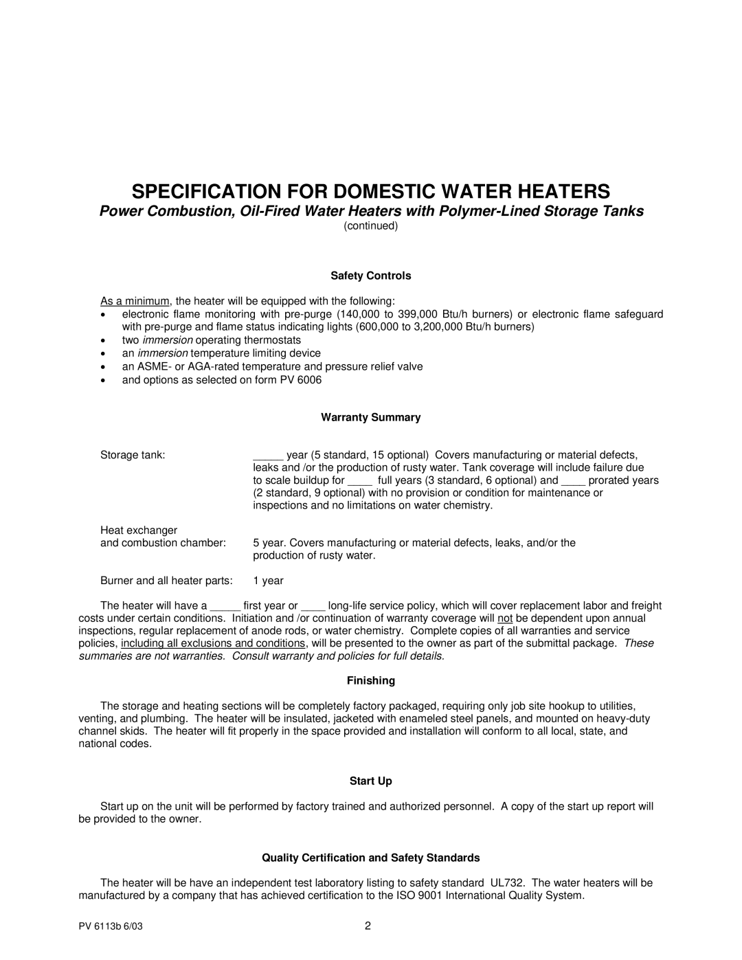 PVI Industries PV 6113b Safety Controls, Warranty Summary, Finishing, Start Up, Quality Certification and Safety Standards 