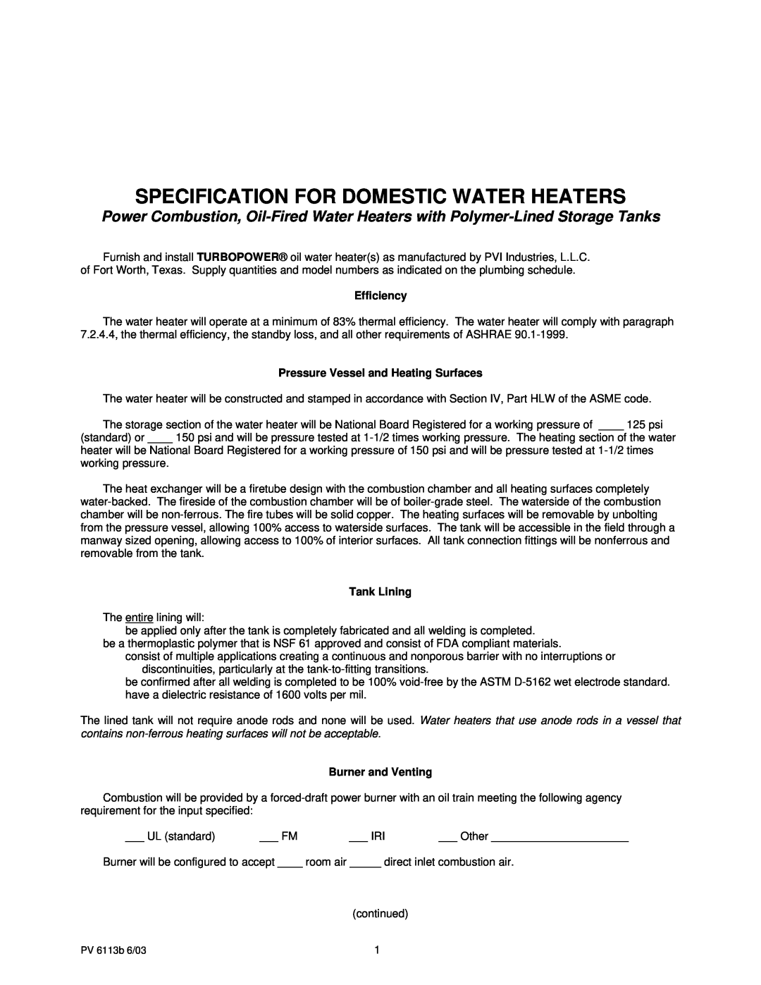 PVI Industries PV 6113b manual Specification For Domestic Water Heaters, Efficiency, Pressure Vessel and Heating Surfaces 