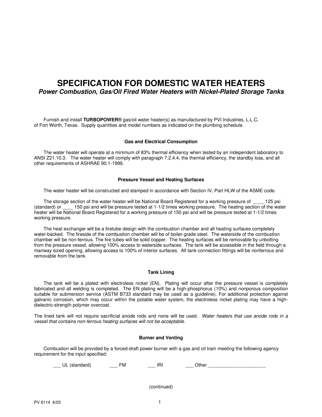 PVI Industries PV 6114 6/03 1 manual Specification for Domestic Water Heaters, Gas and Electrical Consumption, Tank Lining 