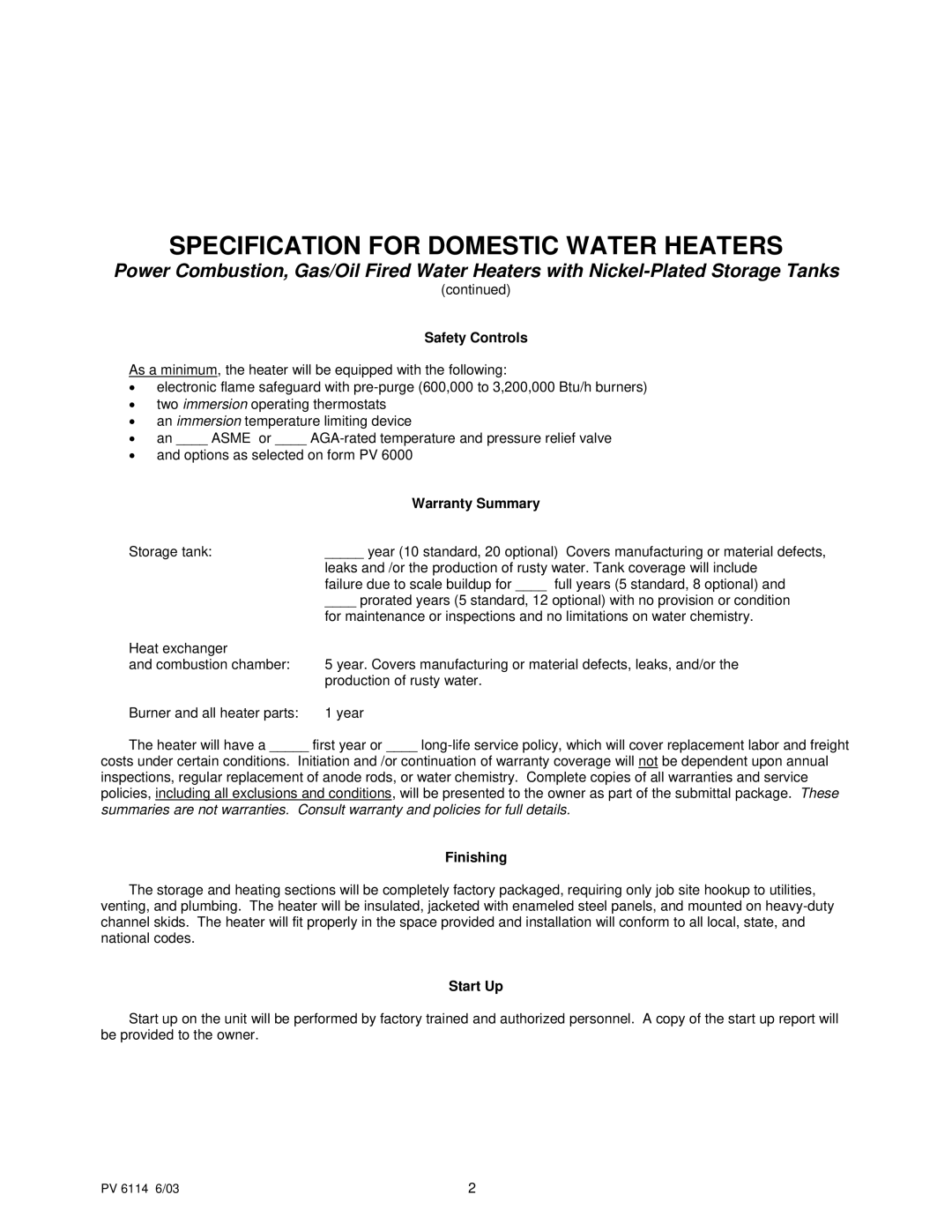 PVI Industries PV 6114 6/03 1 manual Safety Controls, Warranty Summary, Finishing, Start Up 