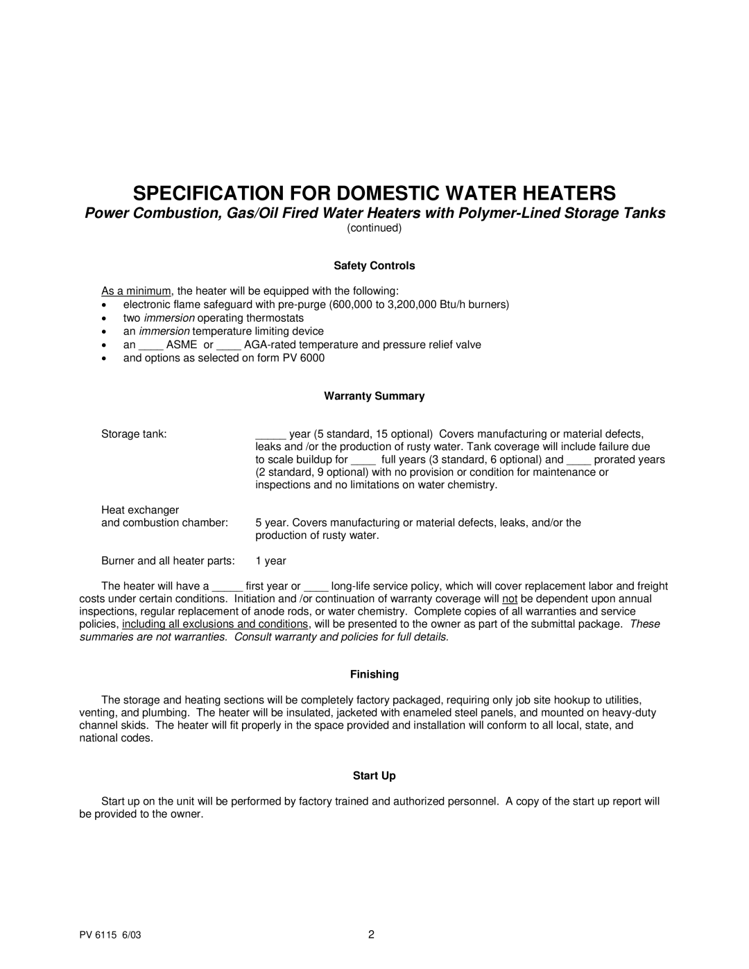 PVI Industries PV 6115 manual Safety Controls, Warranty Summary, Finishing, Start Up 