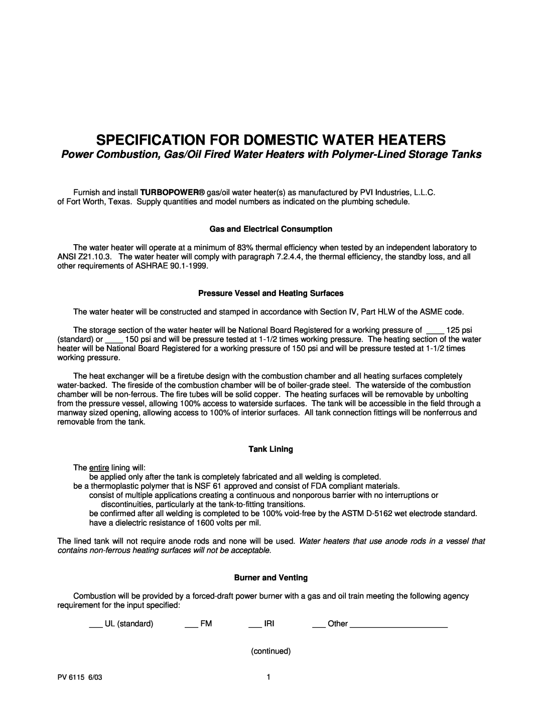 PVI Industries PV 6115 manual Specification For Domestic Water Heaters, Gas and Electrical Consumption, Tank Lining 