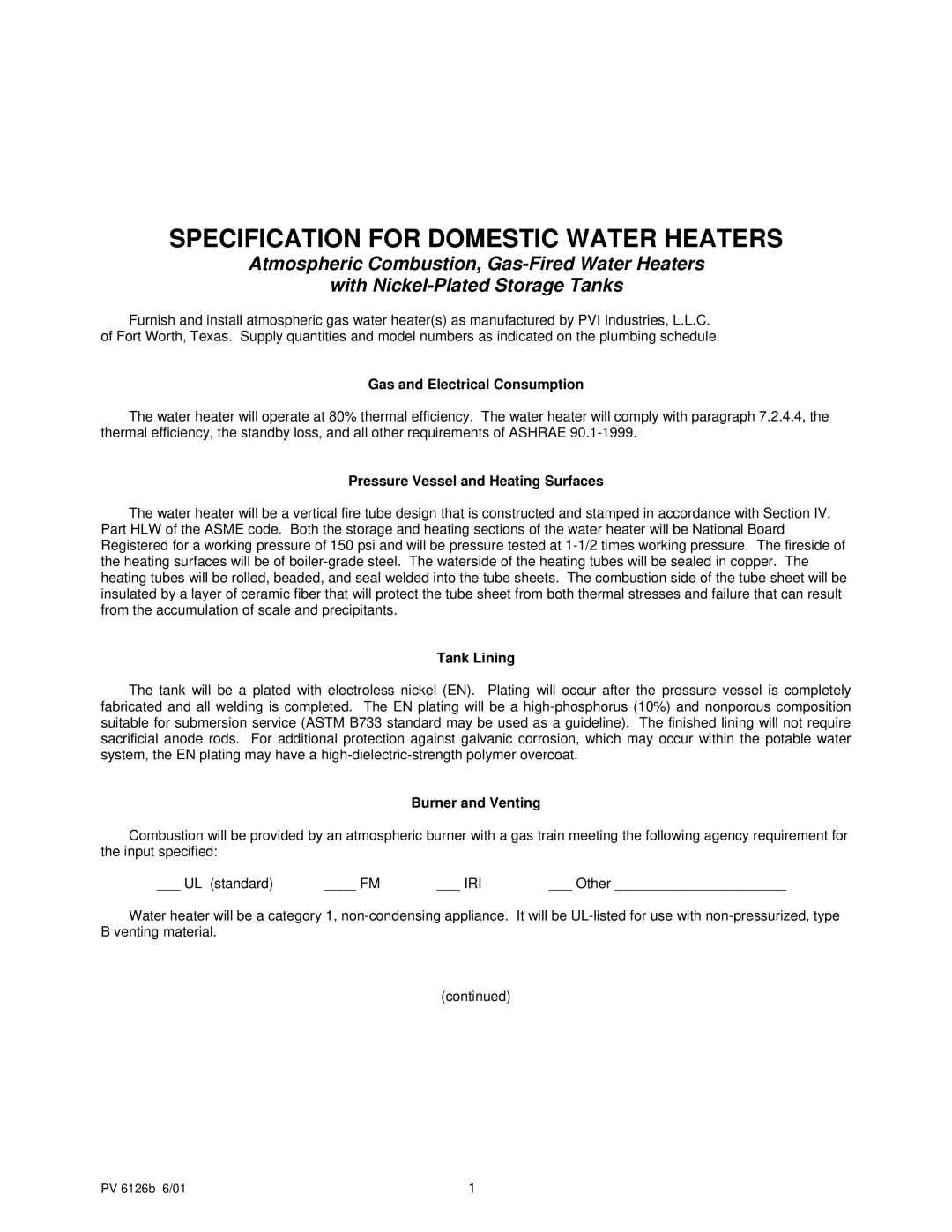 PVI Industries PV 6126b manual Gas and Electrical Consumption, Pressure Vessel and Heating Surfaces, Tank Lining 