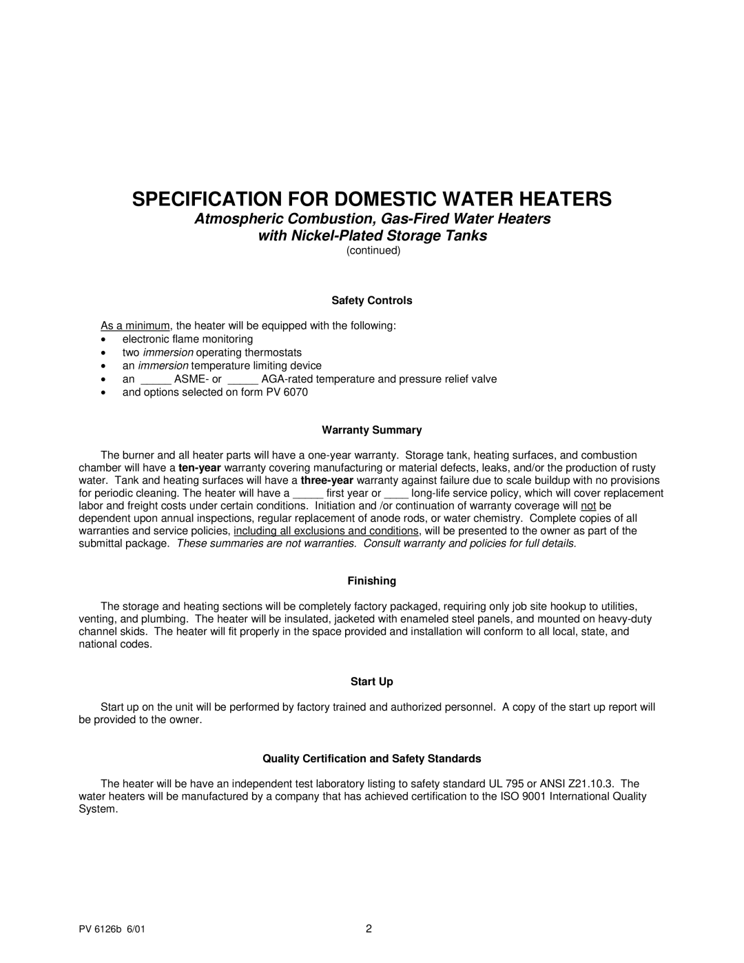 PVI Industries PV 6126b Safety Controls, Warranty Summary, Finishing, Start Up, Quality Certification and Safety Standards 