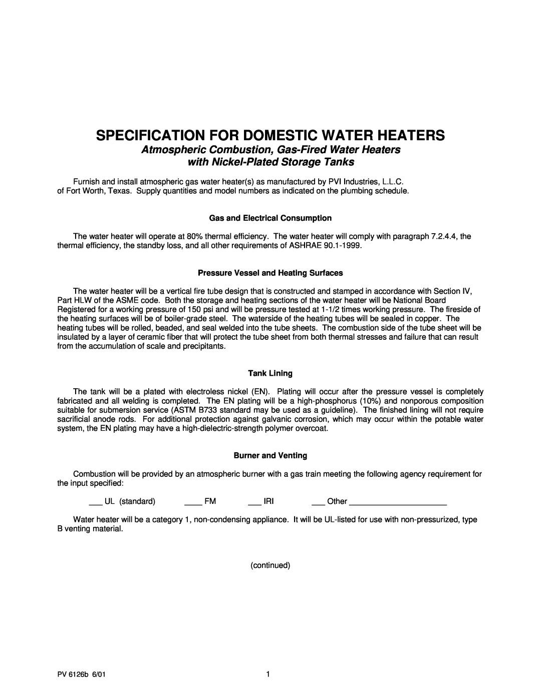 PVI Industries PV 6126b manual Specification For Domestic Water Heaters, Atmospheric Combustion, Gas-FiredWater Heaters 