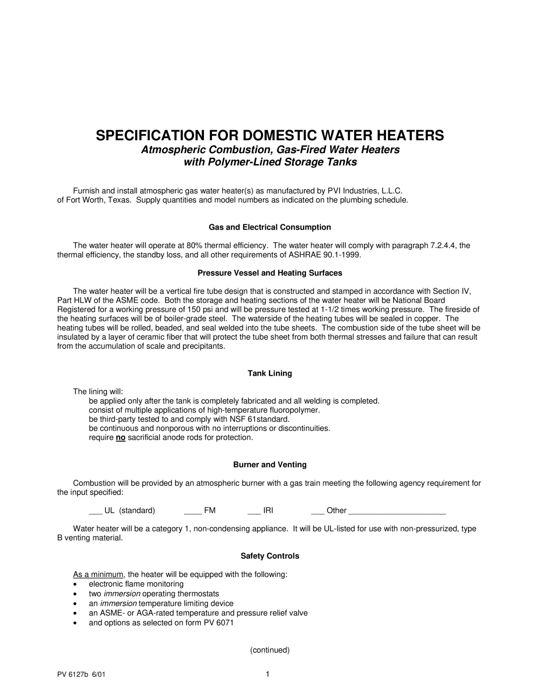 PVI Industries PV 6127b manual Gas and Electrical Consumption, Pressure Vessel and Heating Surfaces, Tank Lining 