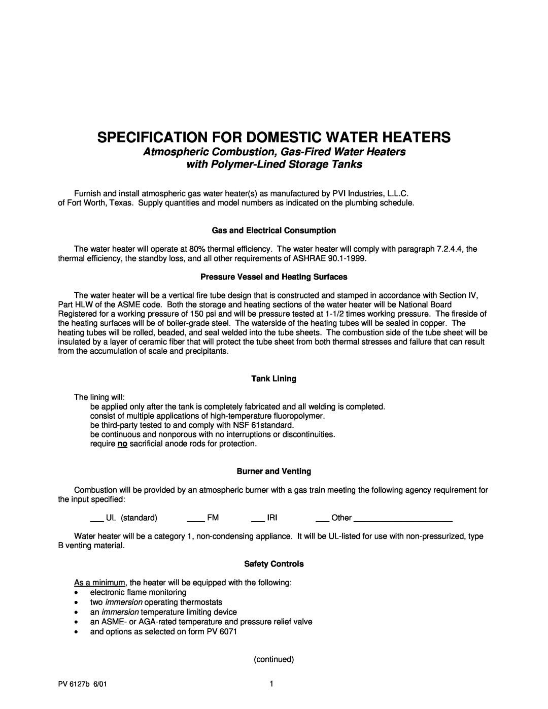 PVI Industries PV 6127b manual Specification For Domestic Water Heaters, Atmospheric Combustion, Gas-FiredWater Heaters 