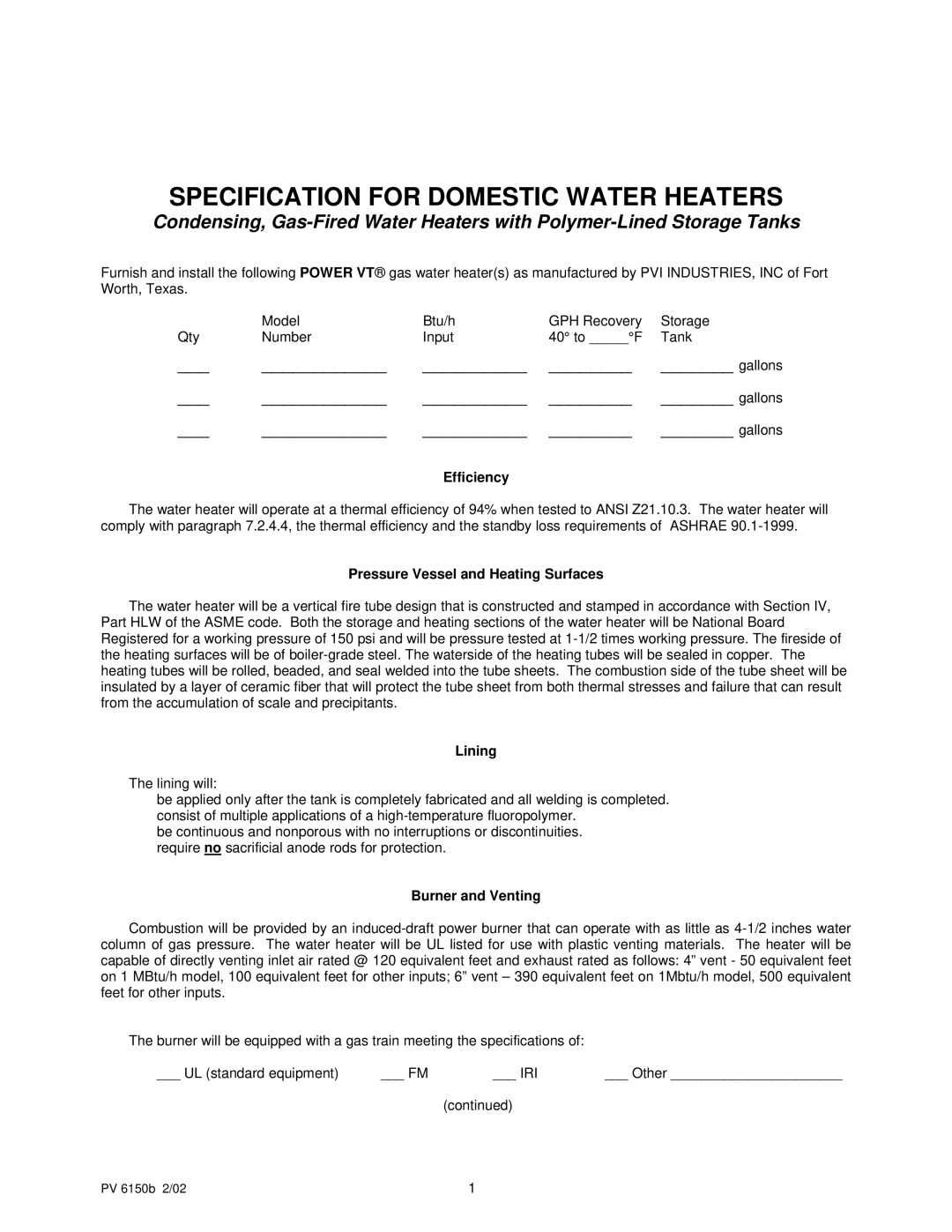 PVI Industries PV 6150b specifications Efficiency, Pressure Vessel and Heating Surfaces, Lining, Burner and Venting 