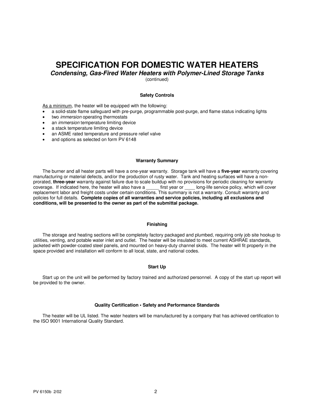 PVI Industries PV 6150b specifications Safety Controls, Warranty Summary, Finishing, Start Up 