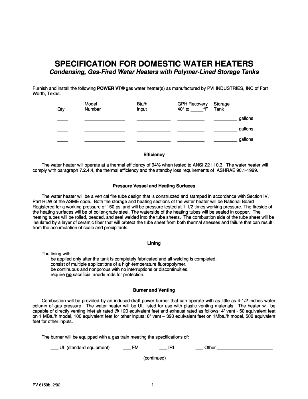 PVI Industries PV 6150b specifications Specification For Domestic Water Heaters, Efficiency, Lining, Burner and Venting 