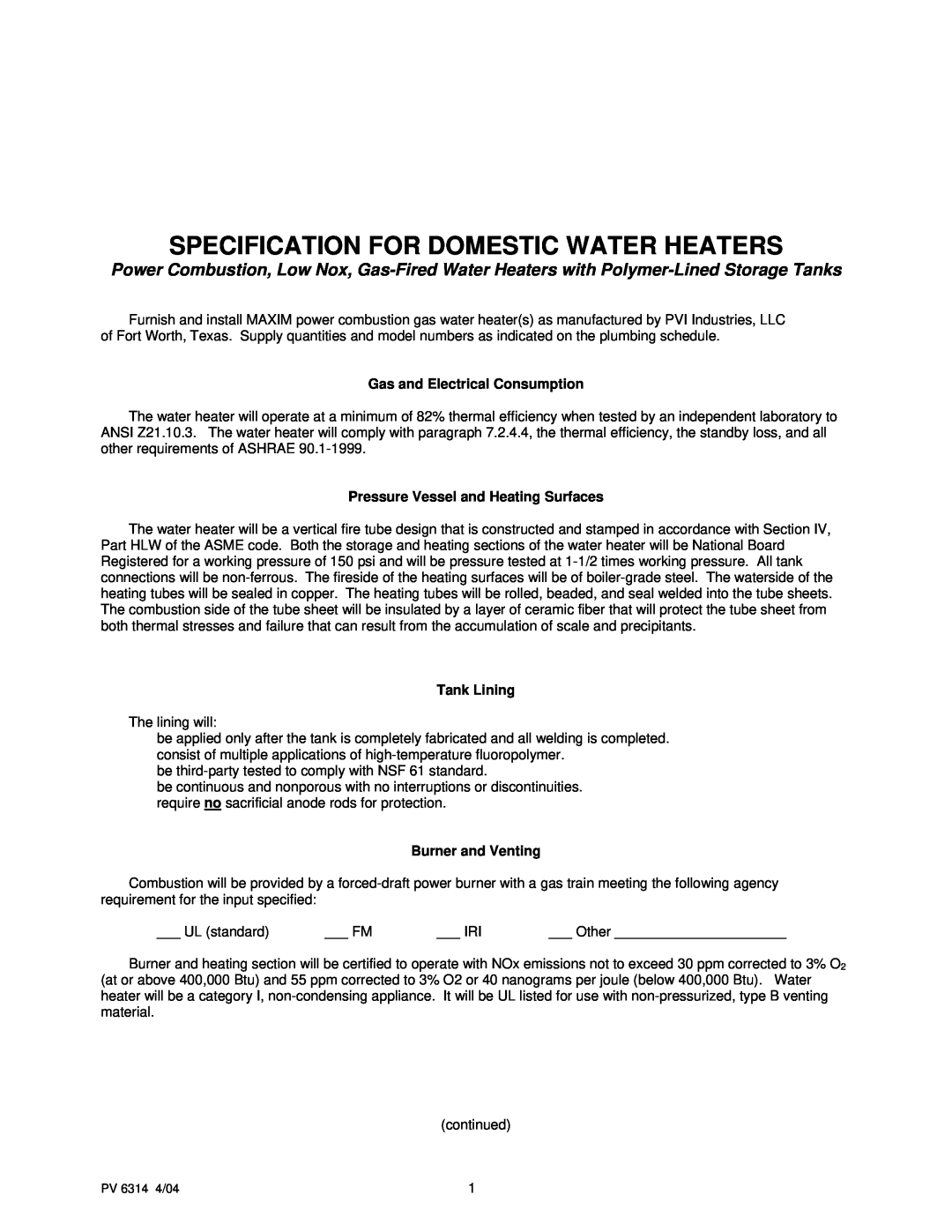 PVI Industries PV 6314 manual Specification For Domestic Water Heaters, Gas and Electrical Consumption, Tank Lining 