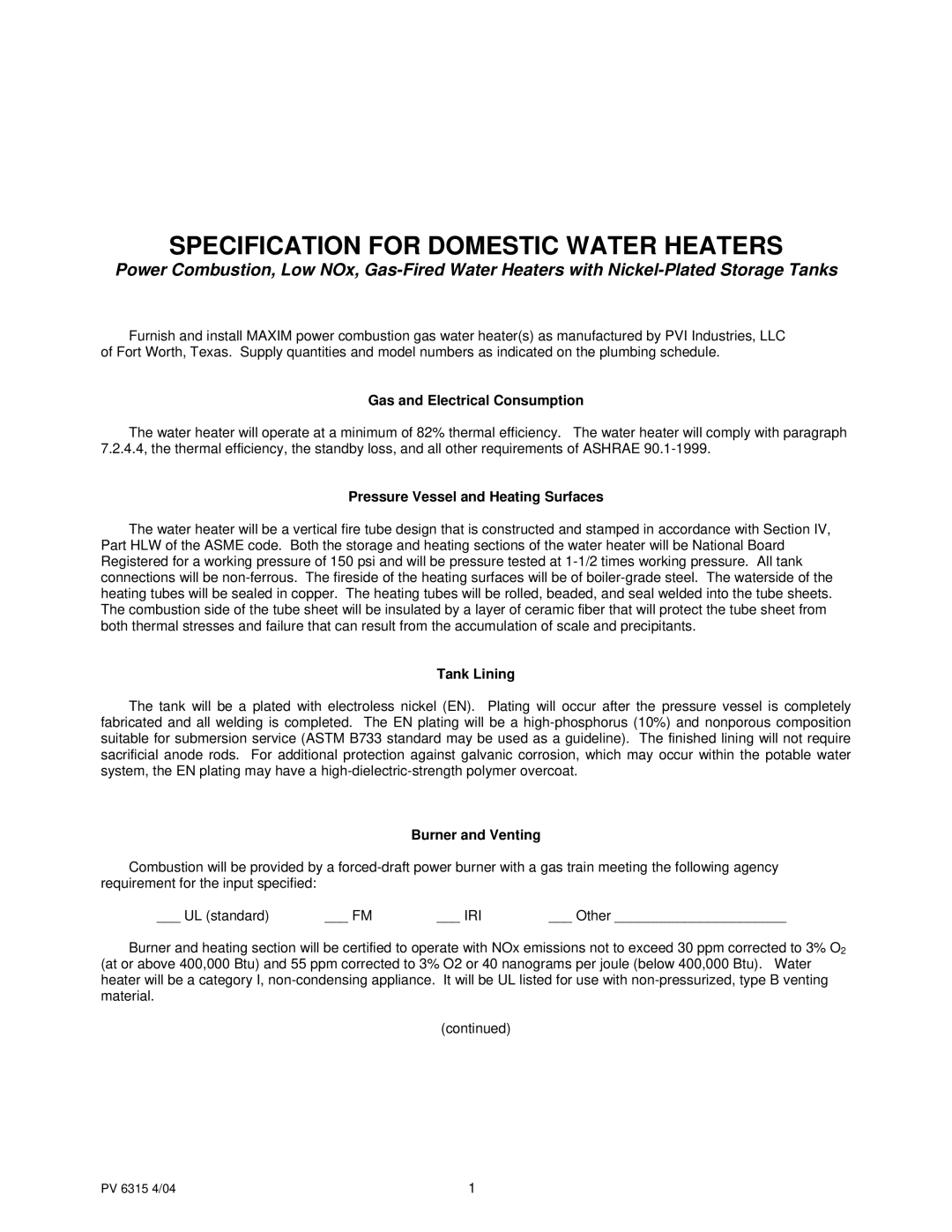 PVI Industries PV 6315 manual Gas and Electrical Consumption, Pressure Vessel and Heating Surfaces, Tank Lining 