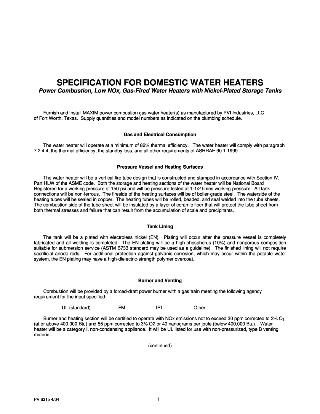 PVI Industries PV 6315 manual Specification For Domestic Water Heaters, Gas and Electrical Consumption, Tank Lining 