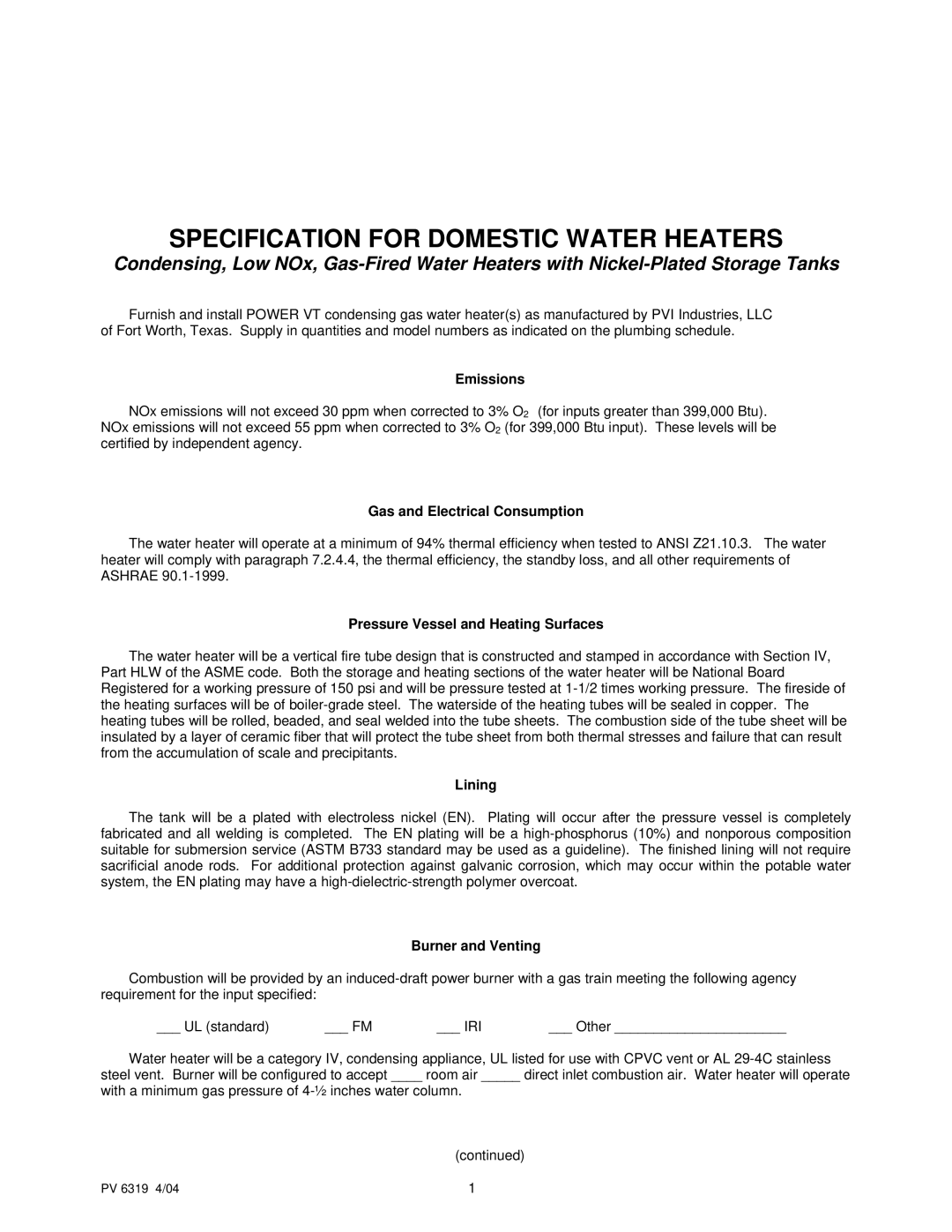 PVI Industries PV 6319 manual Emissions, Gas and Electrical Consumption, Pressure Vessel and Heating Surfaces, Lining 