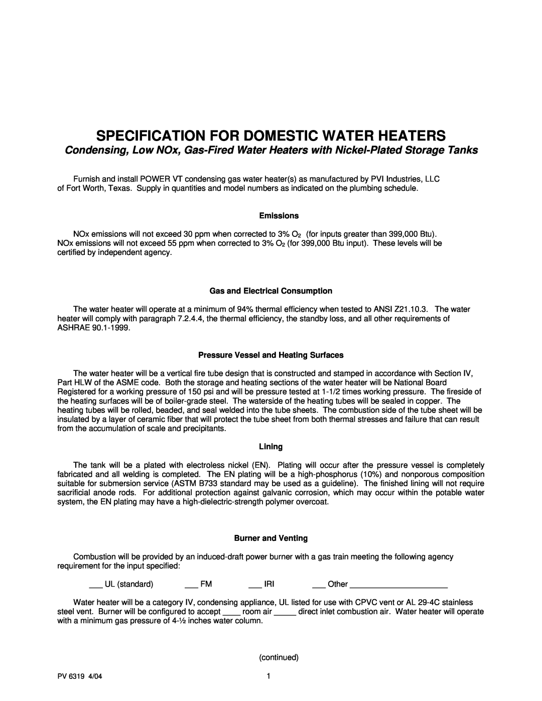 PVI Industries PV 6319 manual Specification For Domestic Water Heaters, Emissions, Gas and Electrical Consumption, Lining 