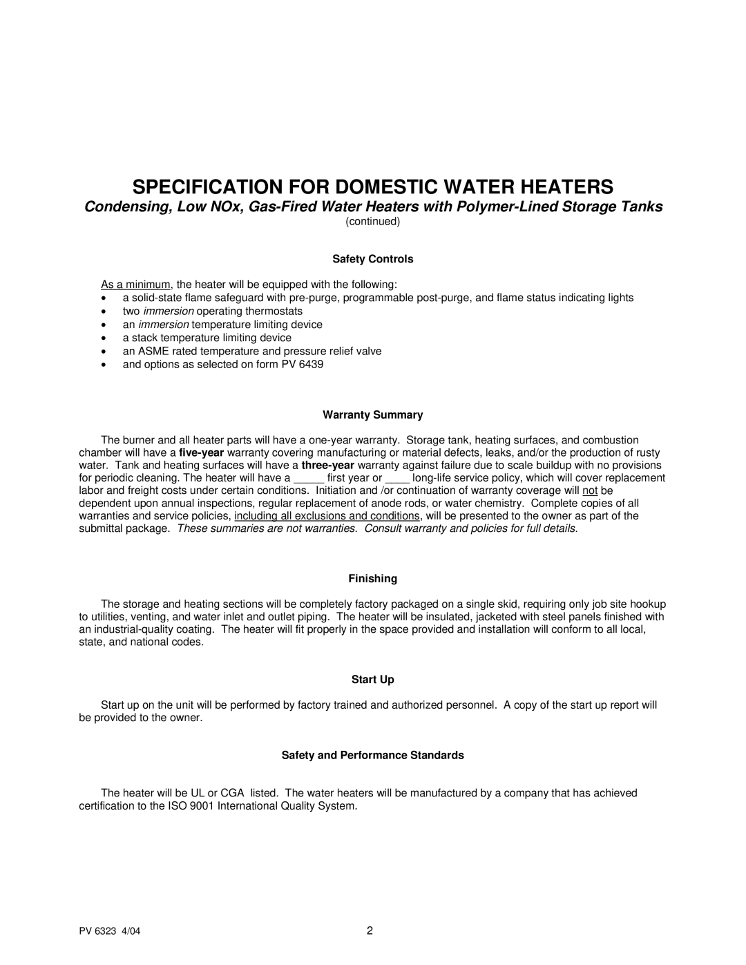 PVI Industries PV 6323 manual Safety Controls, Warranty Summary, Finishing, Start Up, Safety and Performance Standards 
