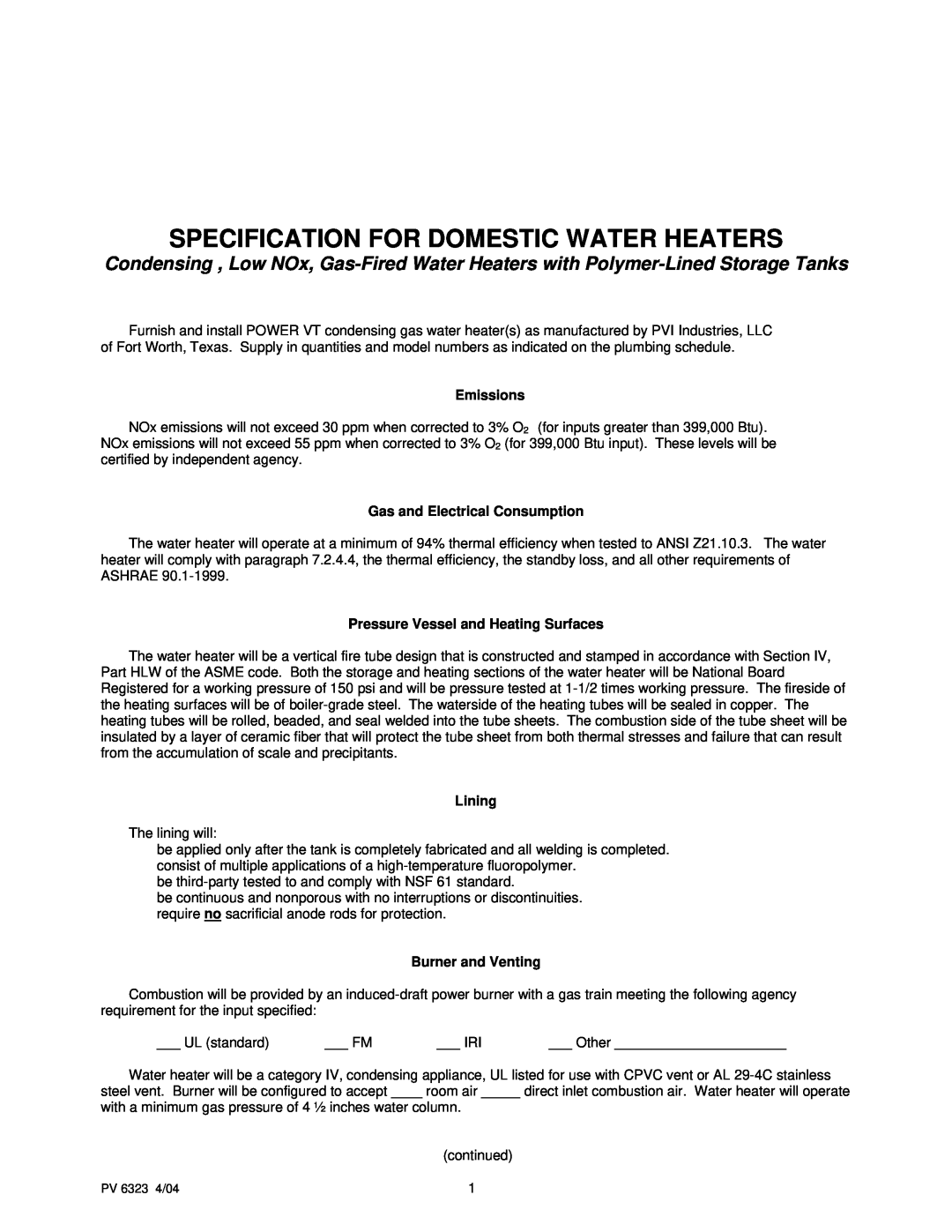 PVI Industries PV 6323 manual Specification For Domestic Water Heaters, Emissions, Gas and Electrical Consumption, Lining 