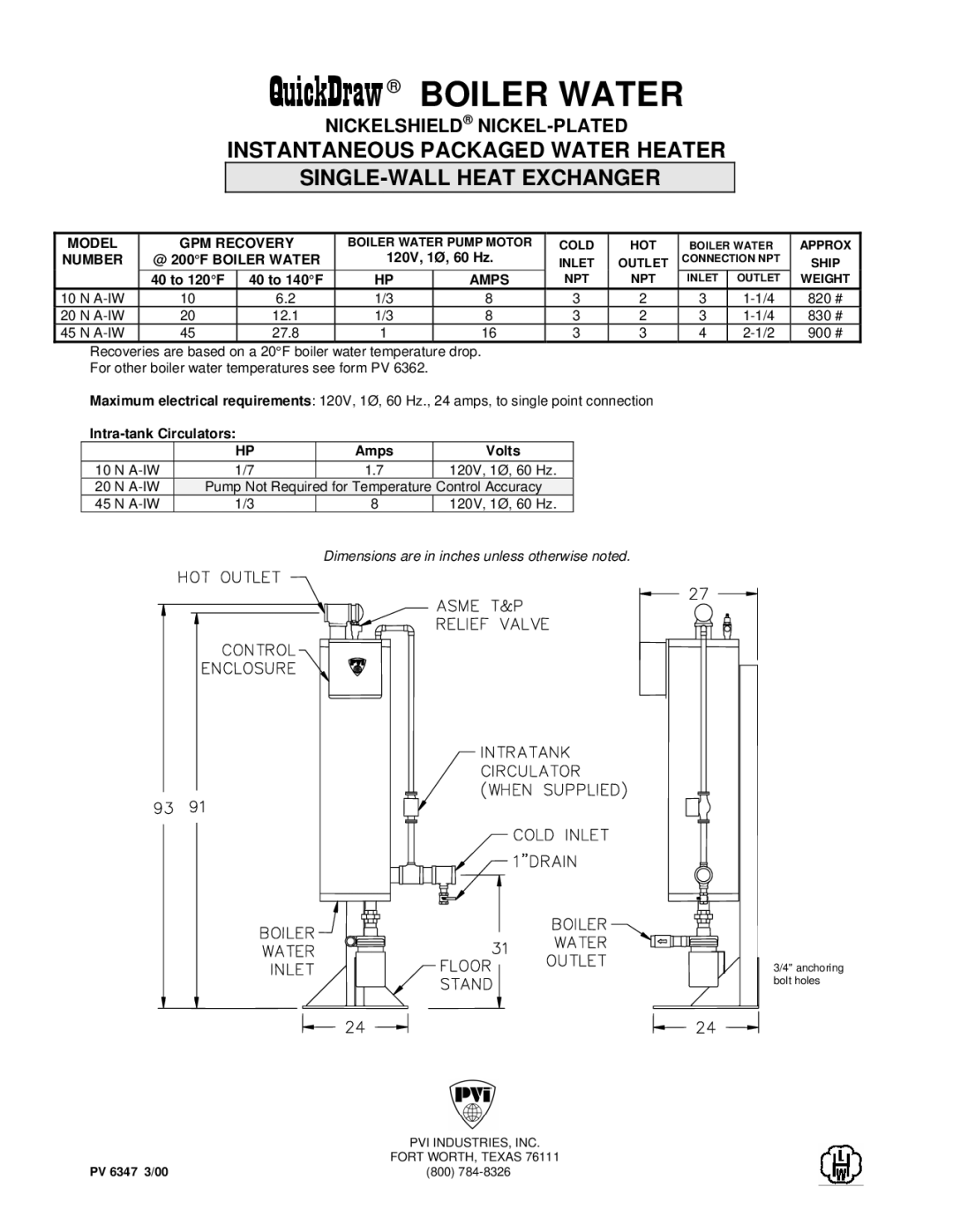 PVI Industries PV 6347 dimensions QuickDraw Boiler Water, Model GPM Recovery, Number @ 200F Boiler Water, Amps 