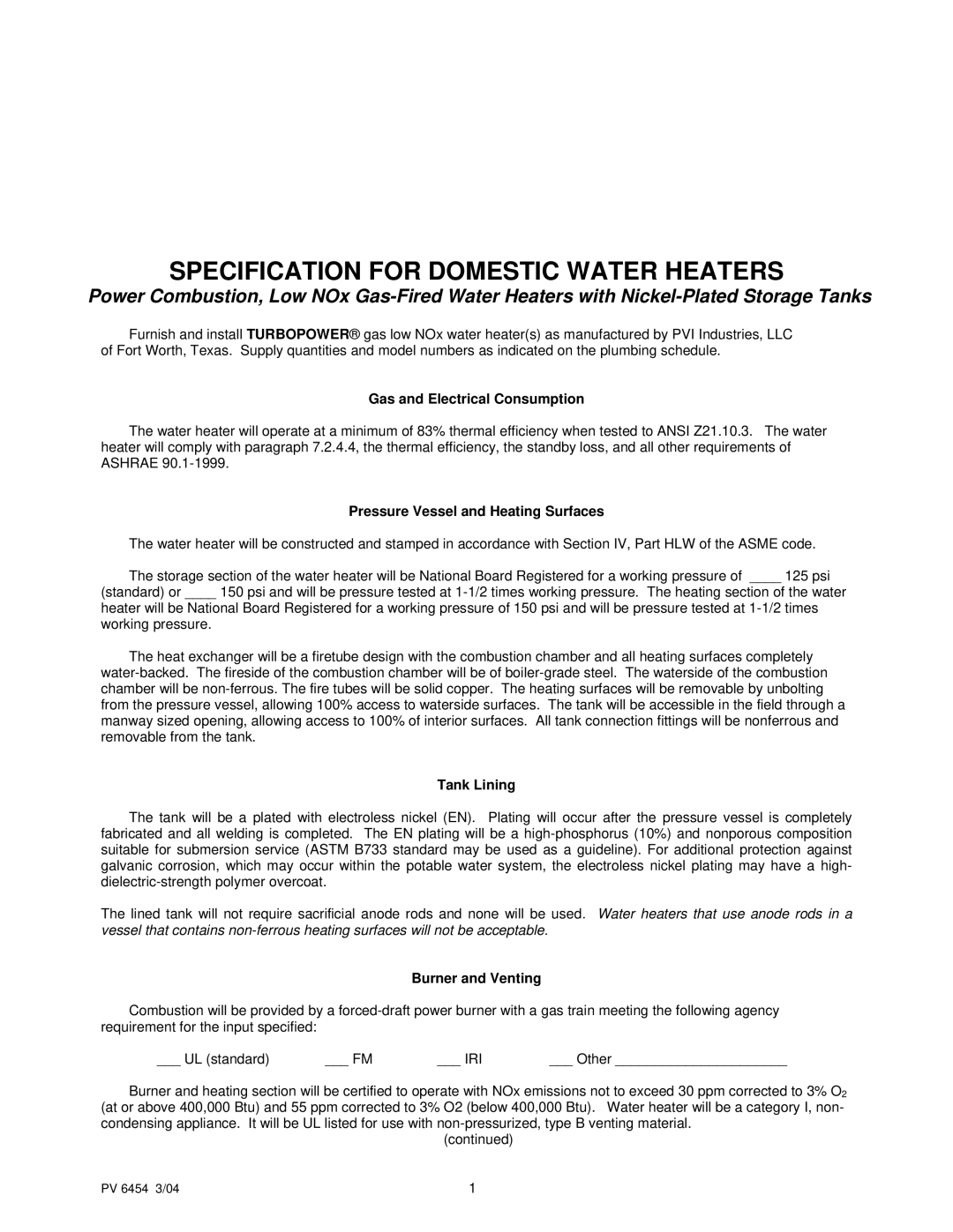 PVI Industries PV 6454 3/04 1 manual Gas and Electrical Consumption, Pressure Vessel and Heating Surfaces, Tank Lining 