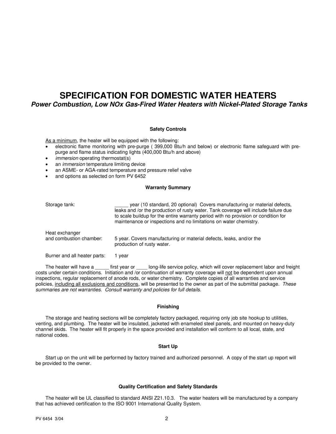 PVI Industries PV 6454 3/04 1 manual Safety Controls, Warranty Summary, Finishing, Start Up 