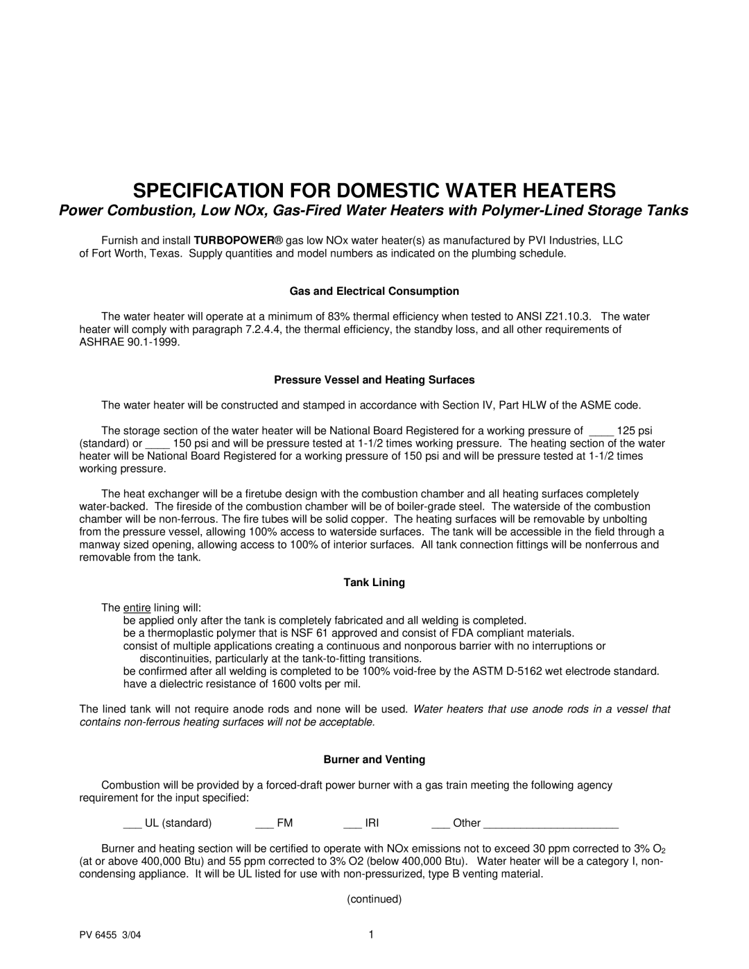 PVI Industries PV 6455 manual Gas and Electrical Consumption, Pressure Vessel and Heating Surfaces, Tank Lining 