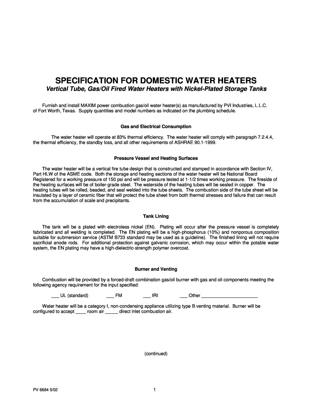 PVI Industries PV 6684 manual Specification For Domestic Water Heaters, Gas and Electrical Consumption, Tank Lining 