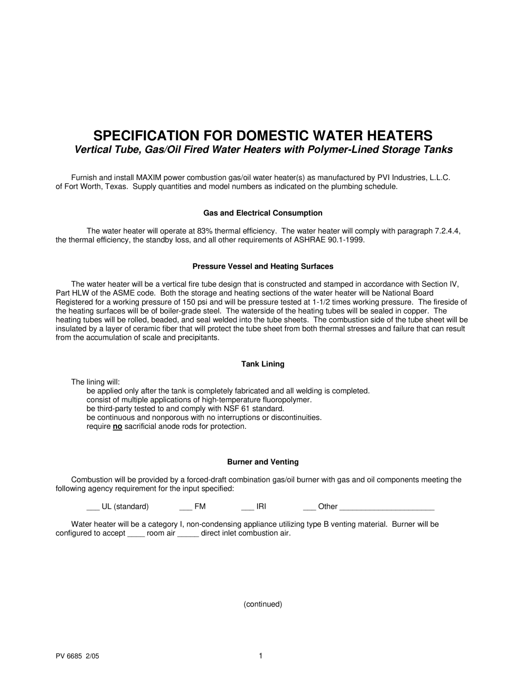 PVI Industries PV 6685 2/05 1 manual Gas and Electrical Consumption, Pressure Vessel and Heating Surfaces, Tank Lining 