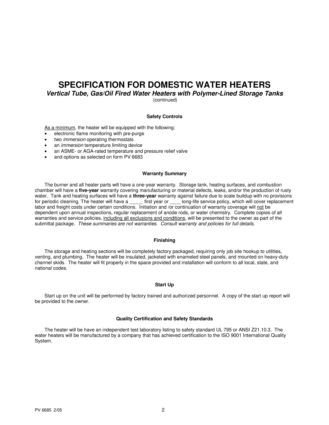 PVI Industries PV 6685 2/05 1 manual Safety Controls, Warranty Summary, Finishing, Start Up 