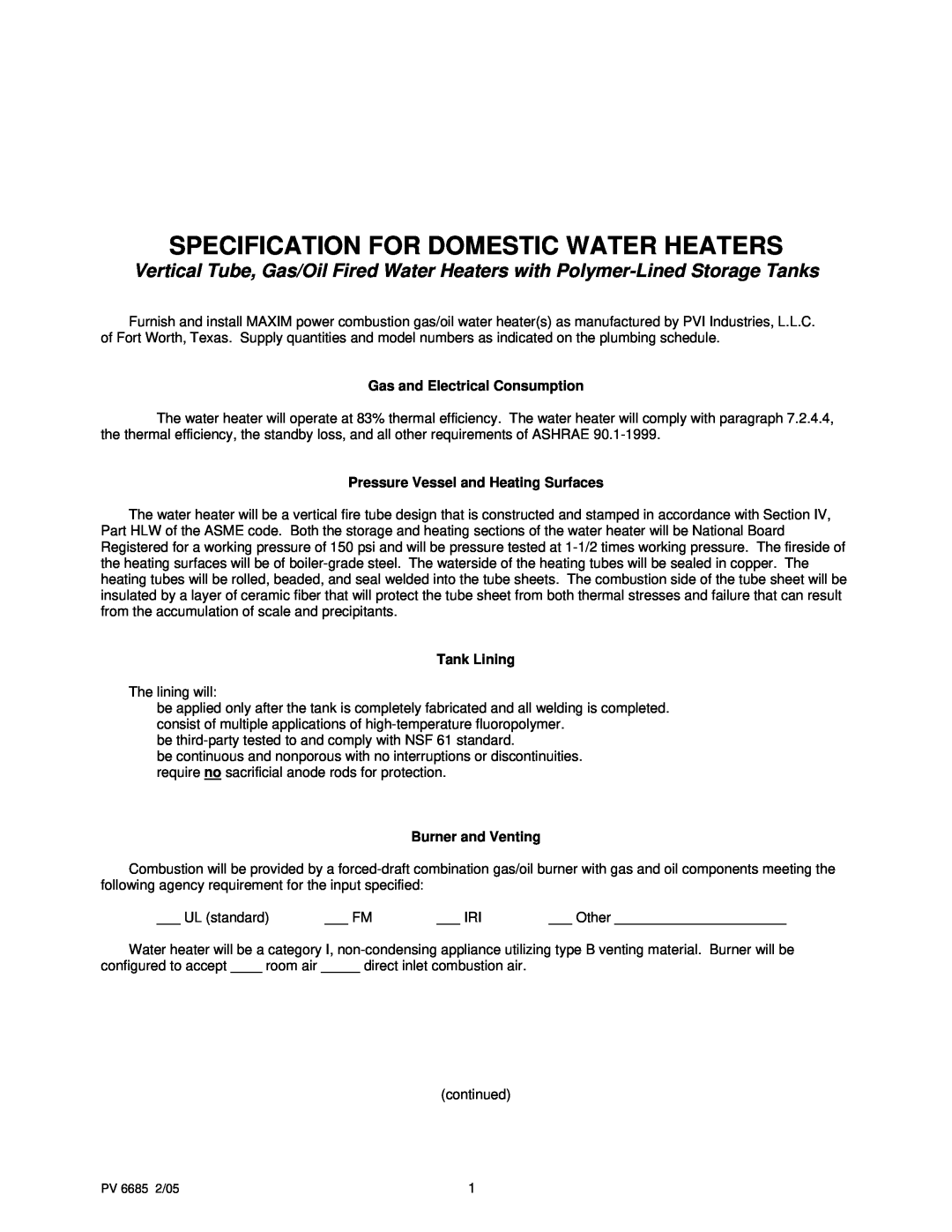 PVI Industries PV 6685 2/05 1 manual Specification For Domestic Water Heaters, Gas and Electrical Consumption, Tank Lining 