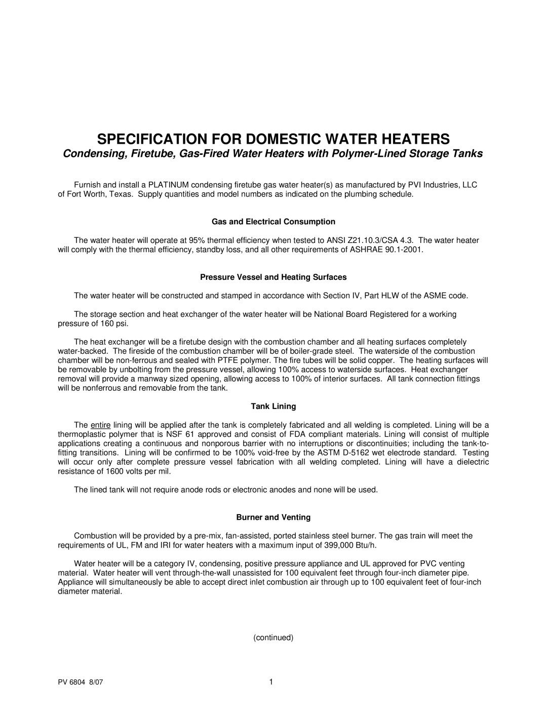 PVI Industries PV 6804 manual Gas and Electrical Consumption, Pressure Vessel and Heating Surfaces, Tank Lining 