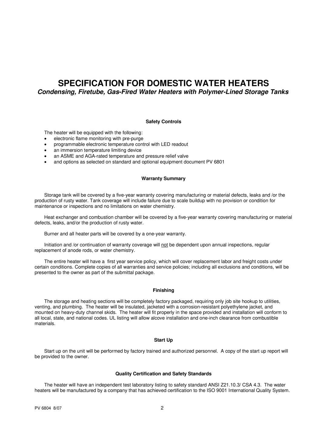 PVI Industries PV 6804 Safety Controls, Warranty Summary, Finishing, Start Up, Quality Certification and Safety Standards 